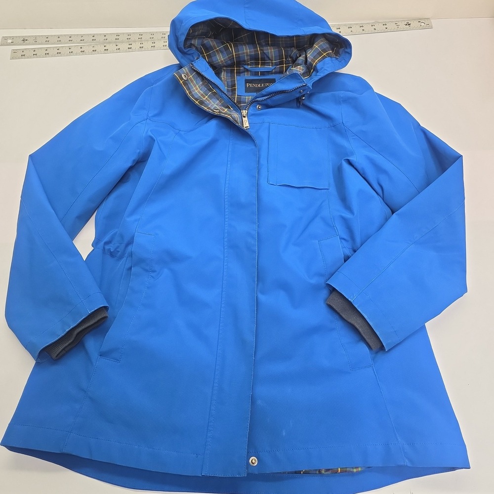Pendleton Womens Blue Hooded Rain Jacket Plaid Lining Size L